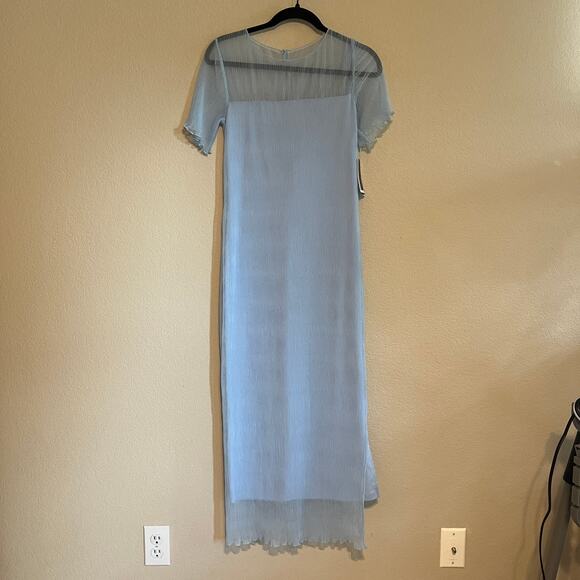 French Connection Saskia Ruched Sheer Yoke Short Sleeve Midi Dress Blue Size S - Picture 2 of 13